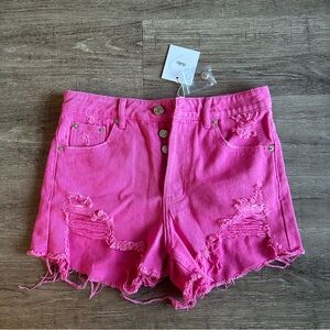 NWT Hot Pink Shorts, pink jean shorts with distressed denim